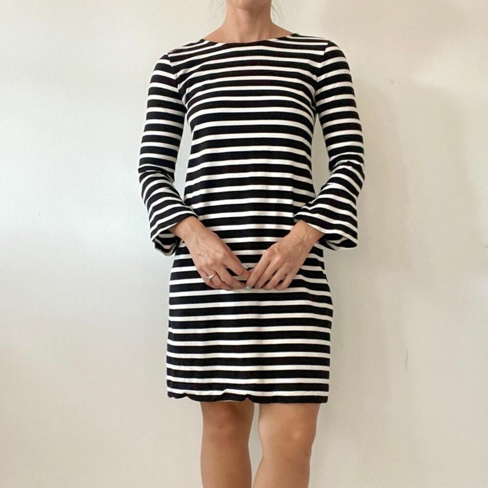 J. Crew Black and White Striped Bell-Sleeve Mini Dress
